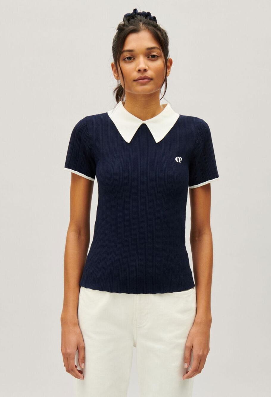 Claudie Pierlot Tennis Knit Polo Top Navy White Collar Size Small